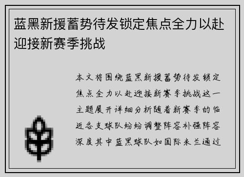 蓝黑新援蓄势待发锁定焦点全力以赴迎接新赛季挑战