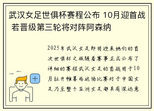 武汉女足世俱杯赛程公布 10月迎首战 若晋级第三轮将对阵阿森纳